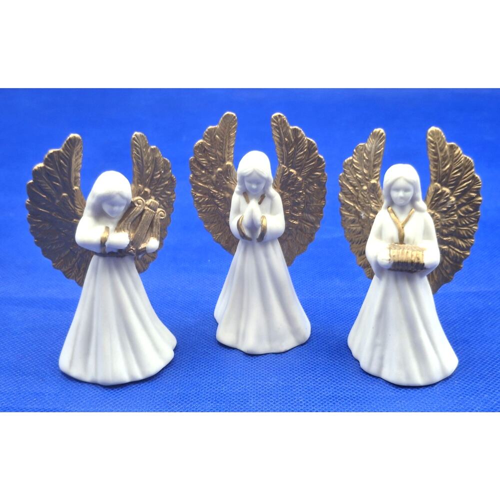 Vintage Heavenly Angel Trio White with Gold Wings Resin 3.5" Tall